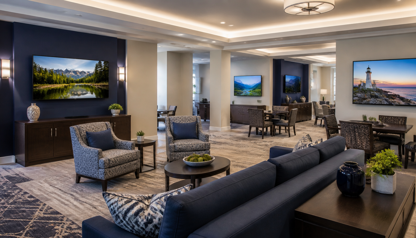 A modern commercial TV distribution installation in a comfortable common area
